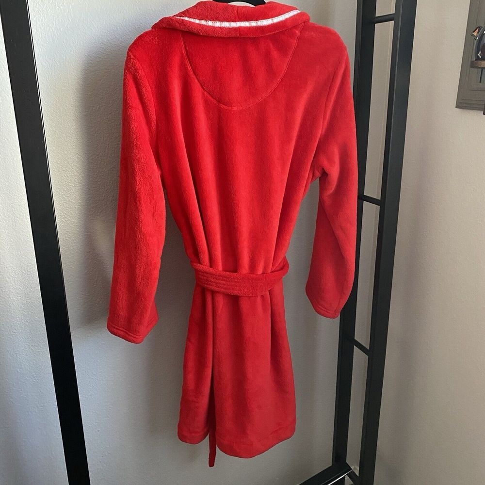 Victoria Secret‎ Plush Short Robe Large Red White Ribbon Trim Pockets Belt - Picture 5 of 5
